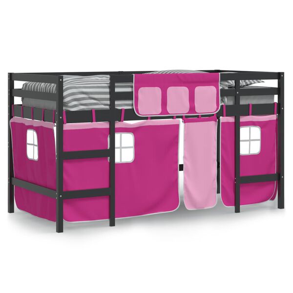vidaXL Kinderhoogslaper met gordijnen 90x190 cm grenenhout roze