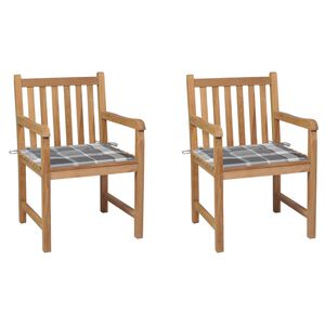 vidaXL Tuinstoelen 2 st met grijs geruite kussens massief teakhout
