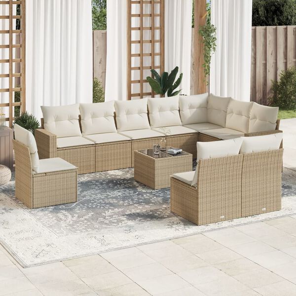 vidaXL 11-delige Tuinset met kussens poly rattan beige