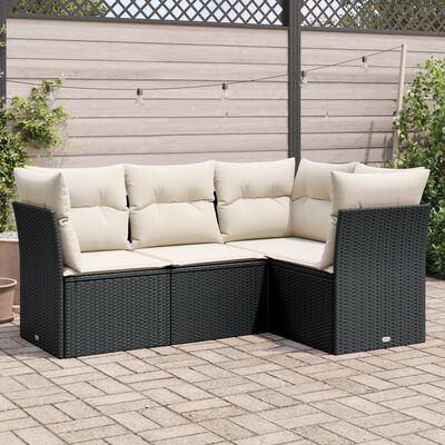 vidaXL 4-delige Loungeset met kussens poly rattan zwart