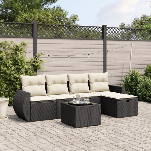 vidaXL 5-delige Loungeset met kussens poly rattan zwart