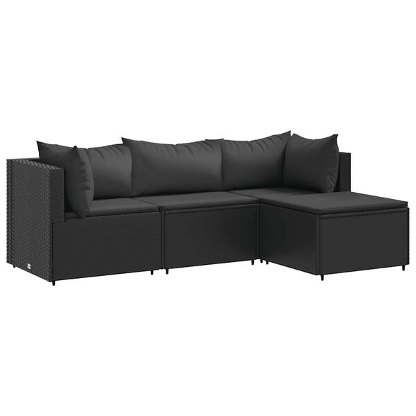 vidaXL 4-delige Loungeset met kussens poly rattan zwart