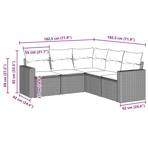 vidaXL 5-delige Loungeset met kussens poly rattan bruin