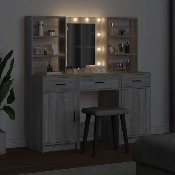 vidaXL Make-up tafel set met LED 3 pcs Grijs Sonoma Bewerkt hout