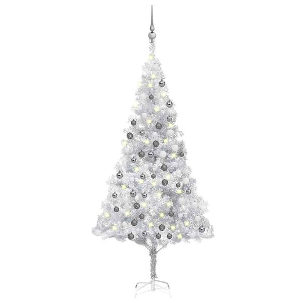 vidaXL Kunstkerstboom met verlichting en kerstballen 180 cm PET zilver