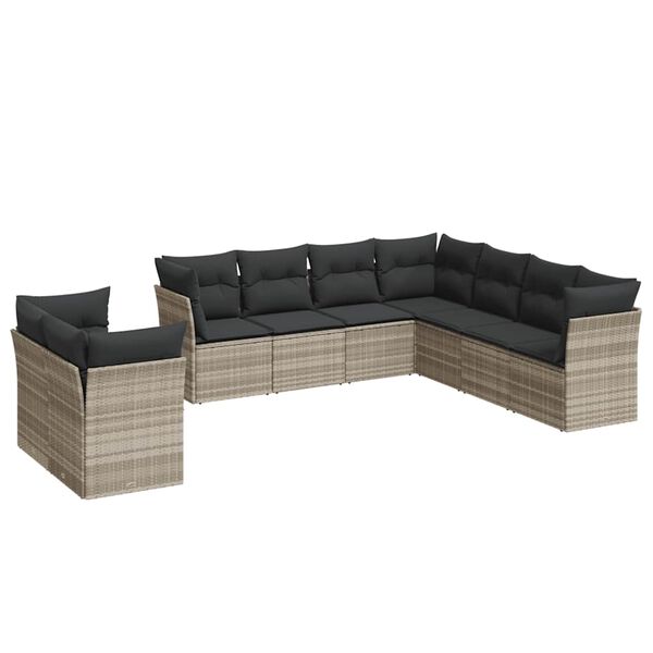 vidaXL 9-delige Loungeset met kussens poly rattan lichtgrijs