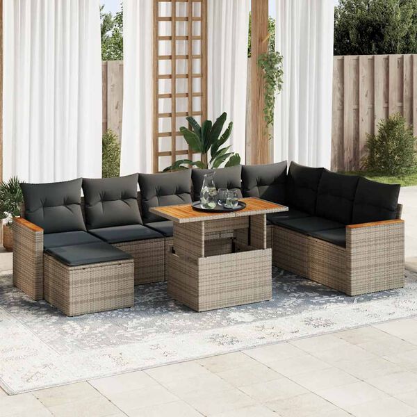 vidaXL 9-delige Loungeset met kussens poly rattan acacia grijs