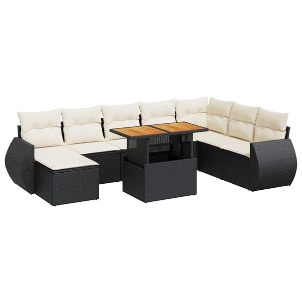 vidaXL 9-delige Loungeset met kussens poly rattan zwart