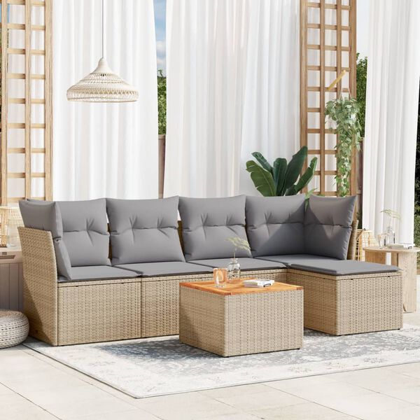vidaXL 6-delige Loungeset met kussens poly rattan beige