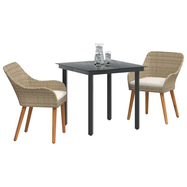 vidaXL Tuin eettafelset met kussen 3 pcs Beige poly rattan