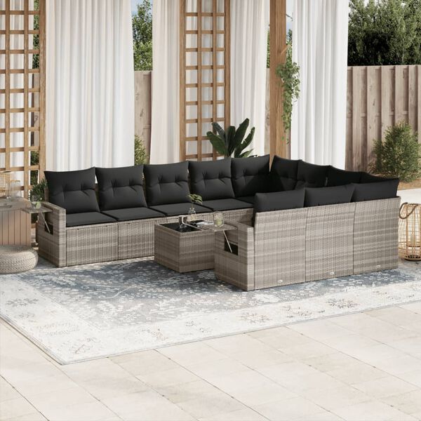 vidaXL 11-delige Loungeset met kussens poly rattan lichtgrijs