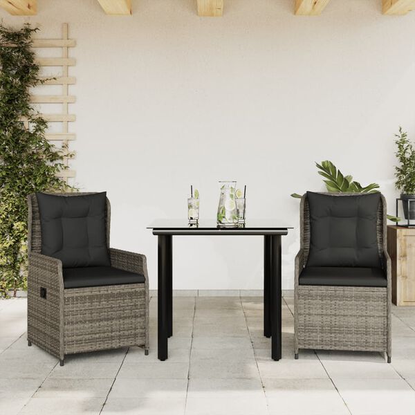 vidaXL 3-delige Tuinset met kussens poly rattan grijs