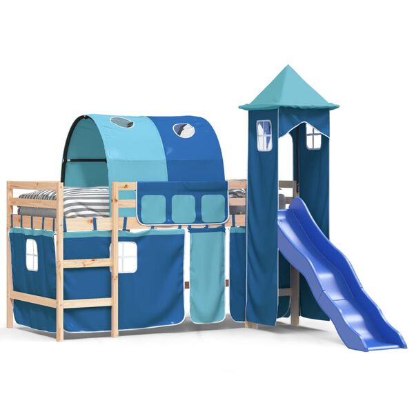 vidaXL Kinderhoogslaper met toren 90x190 cm massief grenenhout blauw