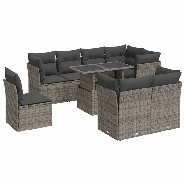 vidaXL 9-delige Loungeset met kussens poly rattan grijs