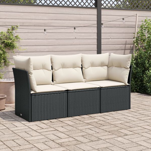 vidaXL 3-delige Loungeset met kussens poly rattan zwart