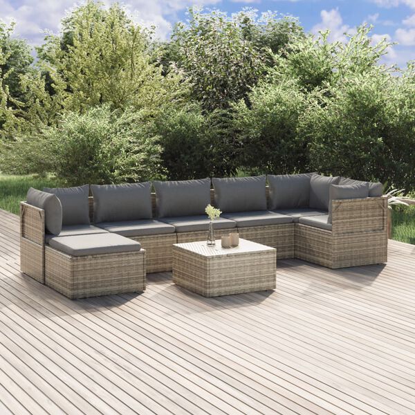 vidaXL 8-delige Loungeset met kussens poly rattan grijs