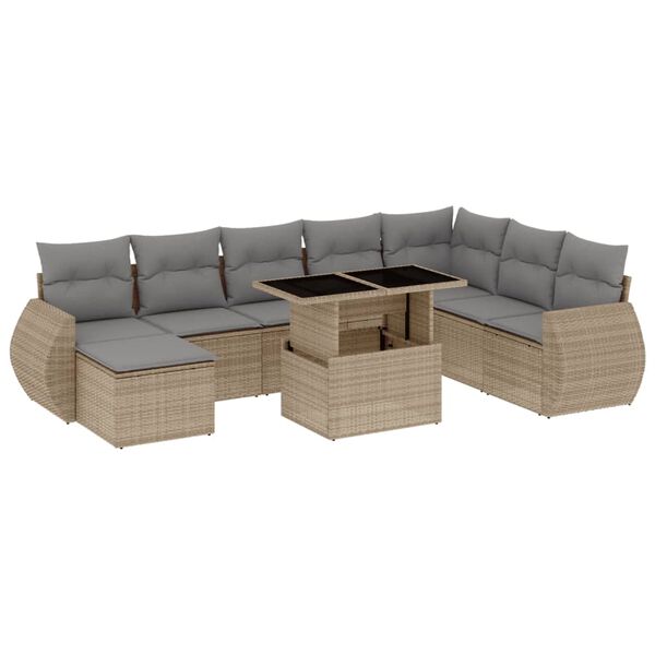 vidaXL 9-delige Loungeset met kussens poly rattan beige