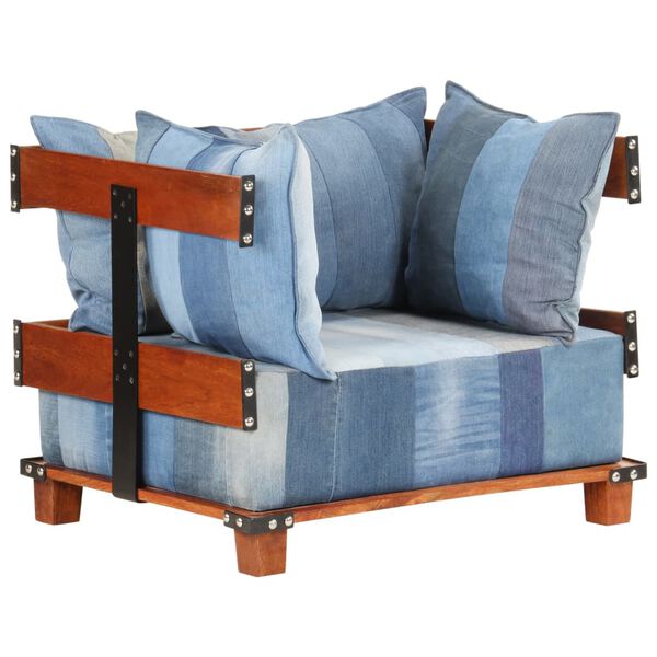 vidaXL Fauteuil 80x67x62 cm spijkerstof en massief mangohout