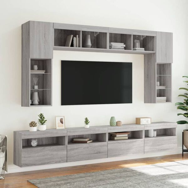 vidaXL 8-delige Tv-wandmeubelset met LED-verlichting grijs sonoma