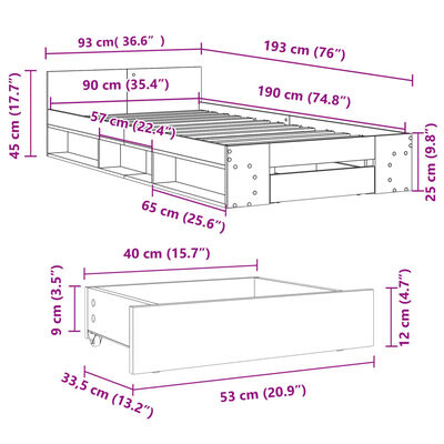 vidaXL Bedframe met lade bewerkt hout sonoma eikenkleurig 90x190 cm