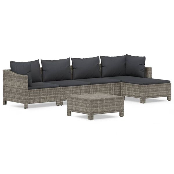 vidaXL 6-delige Loungeset met kussens poly rattan grijs