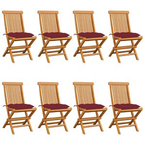 vidaXL Tuinstoelen 8 st met wijnrode kussens massief teakhout