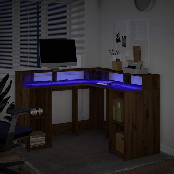 vidaXL Bureau met LED-verlichting 130x130x91 cm hout artisanaal eiken