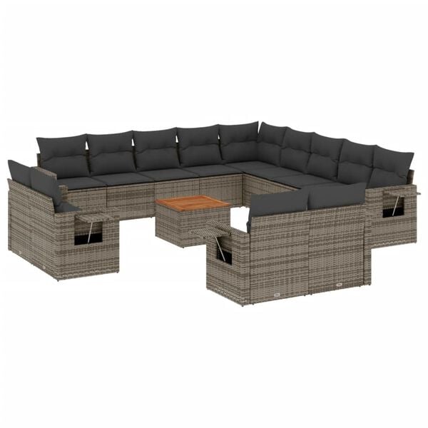 vidaXL 14-delige Loungeset met kussens poly rattan grijs