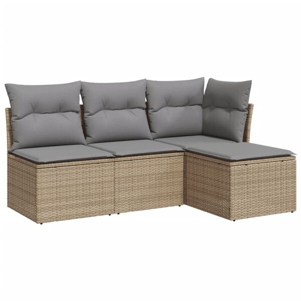vidaXL 4-delige Loungeset met kussens poly rattan beige