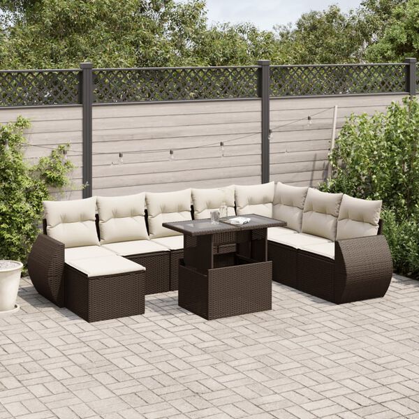 vidaXL 9-delige Loungeset met kussens poly rattan bruin