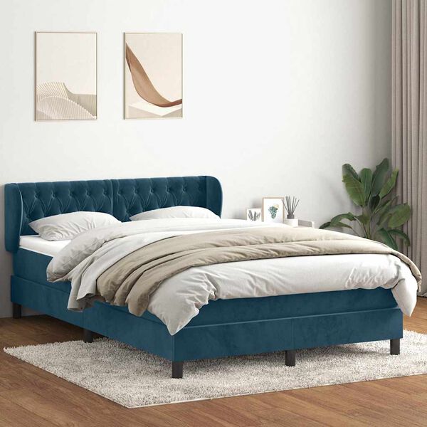 vidaXL Boxspring met matras fluweel donkerblauw 140x210 cm