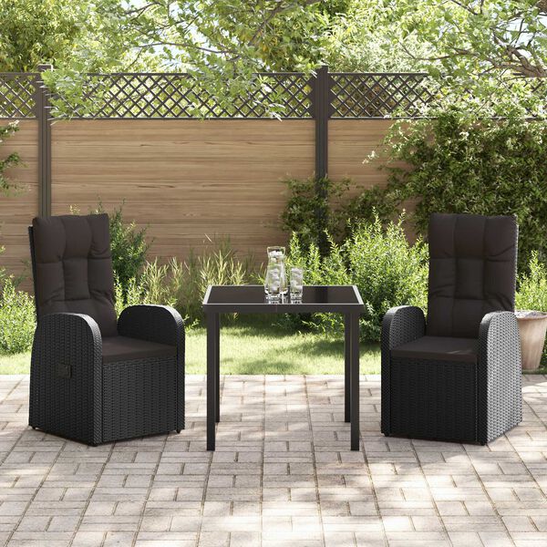 vidaXL Tuin Eetset met kussen 3 pcs Zwart poly rattan