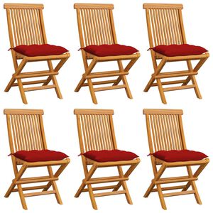 vidaXL Tuinstoelen 6 st met rode kussens massief teakhout