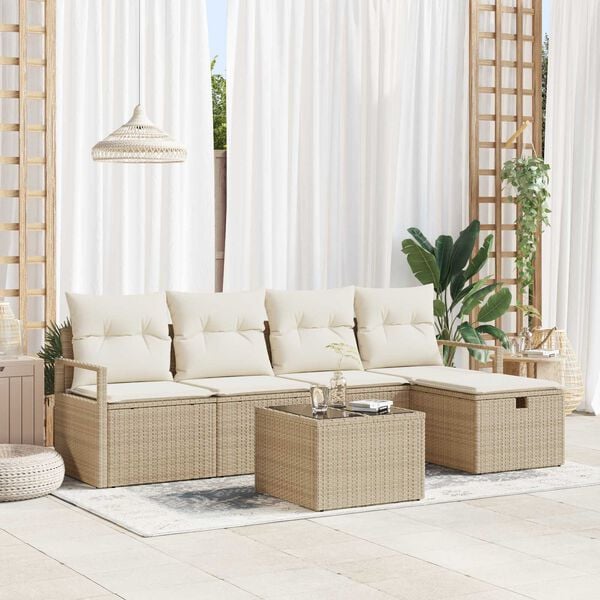 vidaXL Tuin Sofa Set met kussen met opslag 6 pcs Beige Poly riet