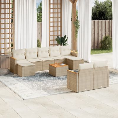 vidaXL 10-delige Loungeset met kussens poly rattan beige