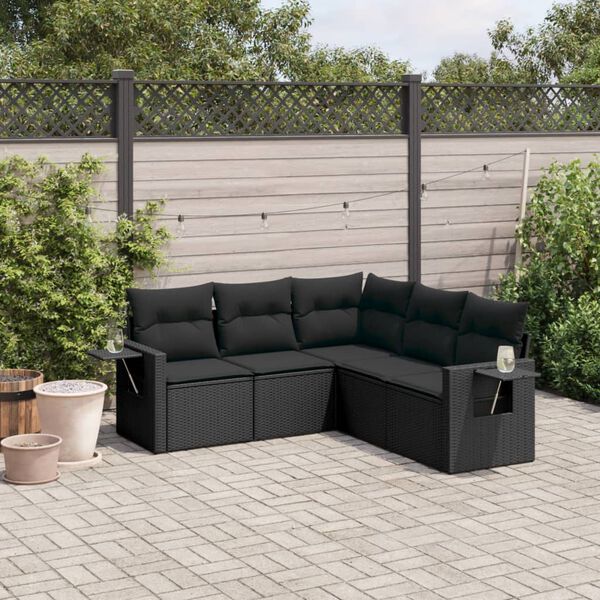 vidaXL 5-delige Loungeset met kussens poly rattan zwart