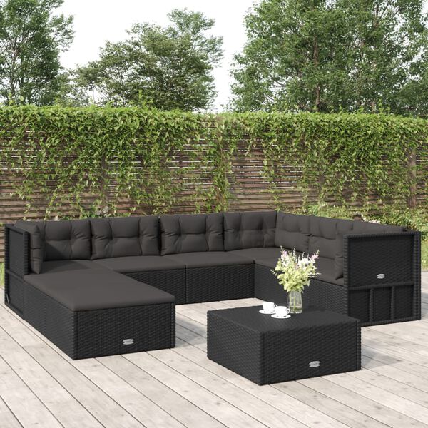 vidaXL 8-delige Loungeset met kussens poly rattan zwart