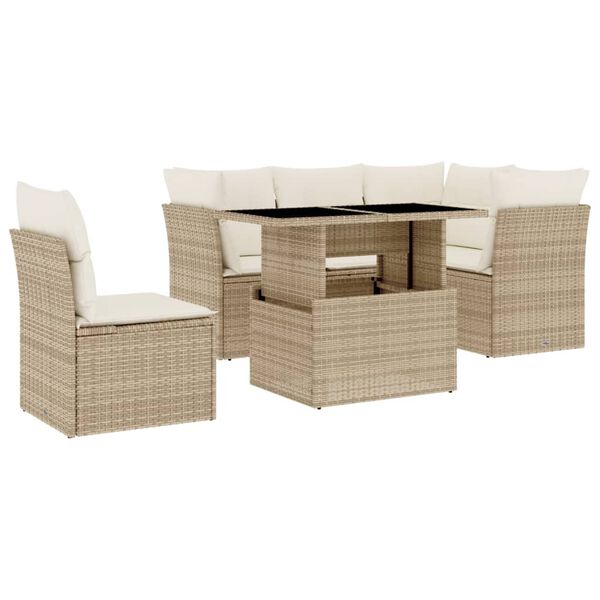 vidaXL 6-delige Loungeset met kussens poly rattan beige