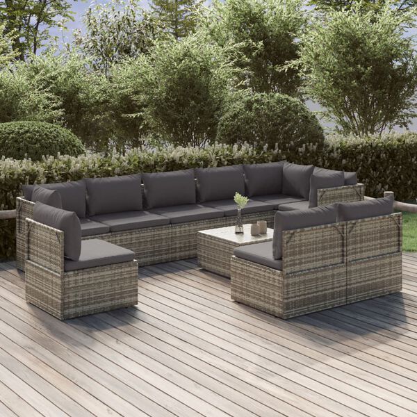 vidaXL 10-delige Loungeset met kussens poly rattan grijs