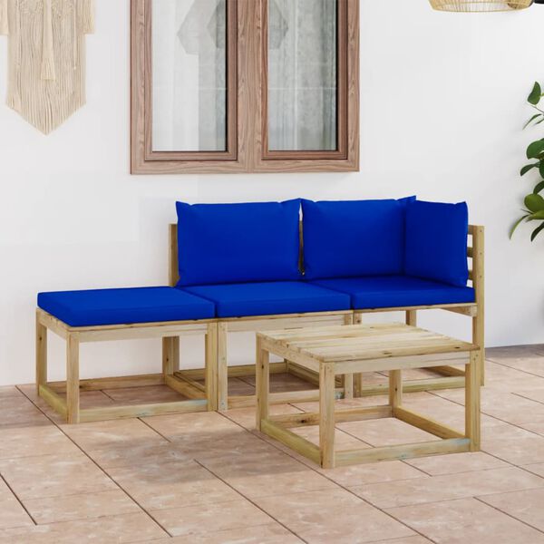 vidaXL 4-delige Loungeset met blauwe kussens