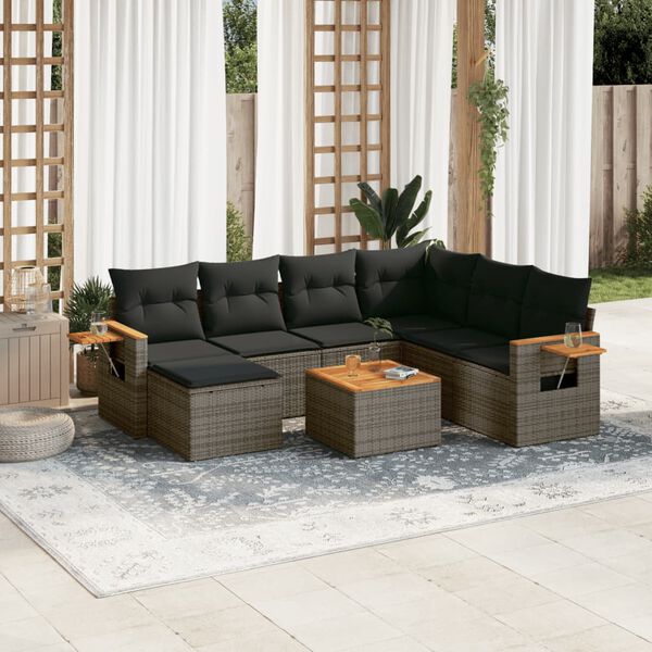 vidaXL 8-delige Loungeset met kussens poly rattan grijs