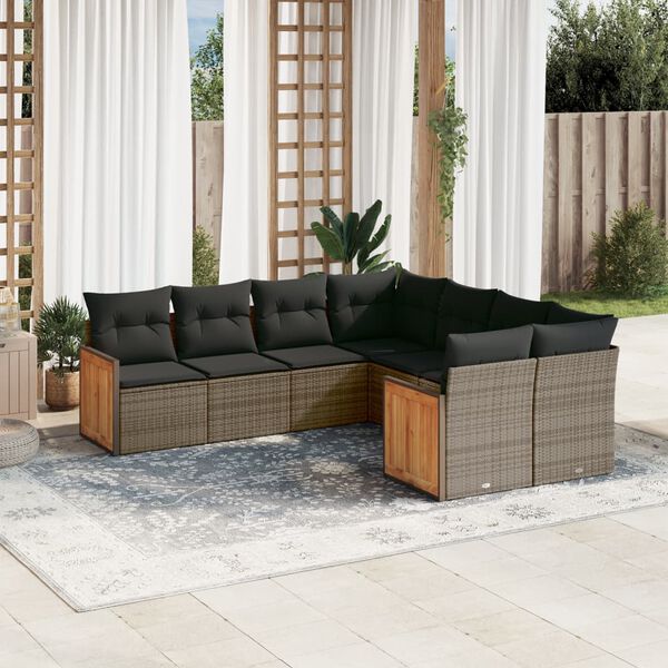 vidaXL 8-delige Loungeset met kussens poly rattan grijs