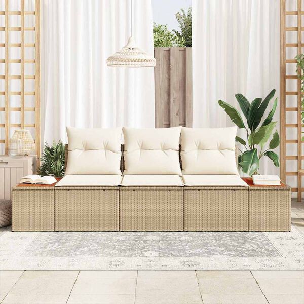 vidaXL Tuin Sofa Set met kussen 3 pcs beige en cr&egrave;mekleurig Poly riet