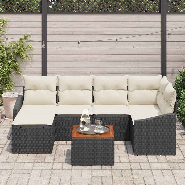 vidaXL Tuinbankenset met opslag 7 pcs Zwart en Cr&egrave;me poly rattan