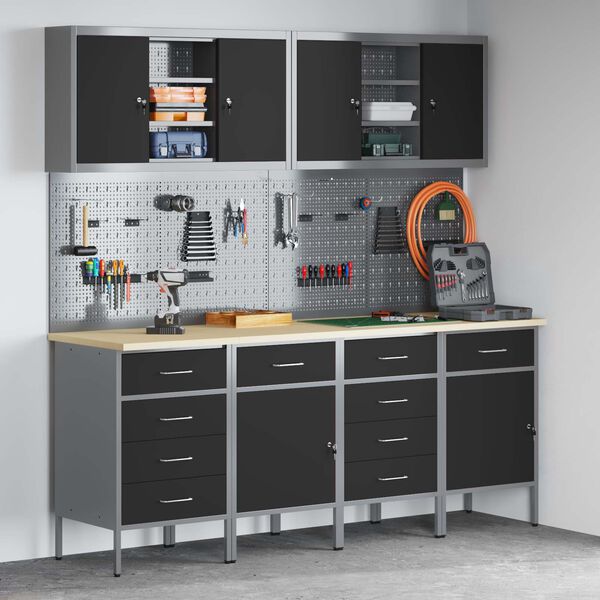 vidaXL Werk kast met lade 10 pcs Zwart Engineered hout en staal