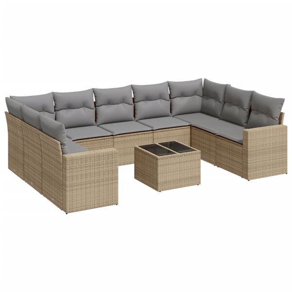 vidaXL 10-delige Loungeset met kussens poly rattan beige