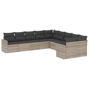 vidaXL 10-delige Loungeset met kussens poly rattan lichtgrijs
