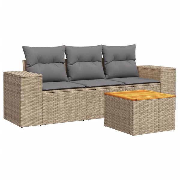 vidaXL 4-delige Loungeset met kussens poly rattan beige