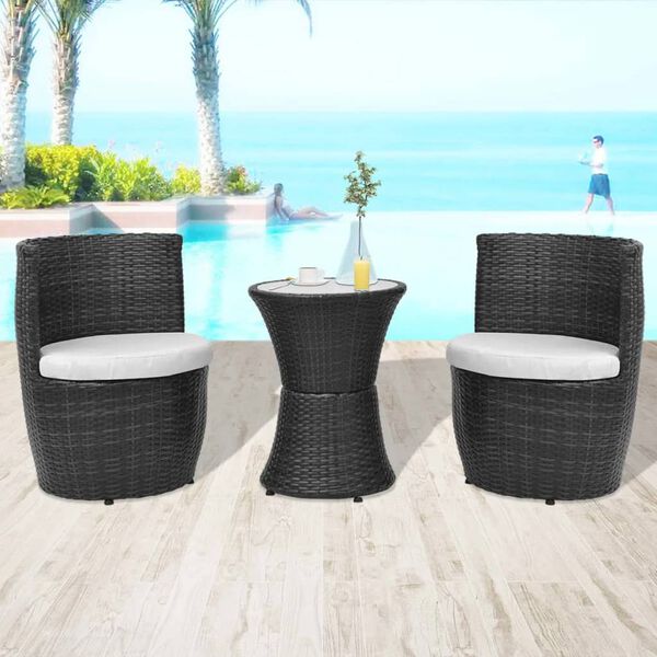 vidaXL 3-delige Bistroset met kussens poly rattan zwart