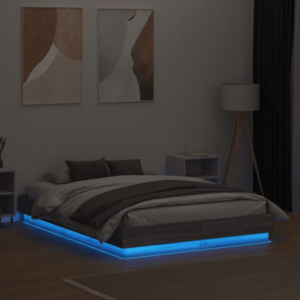 vidaXL Bedframe met LED-verlichting grijs sonoma eikenkleur 135x190 cm